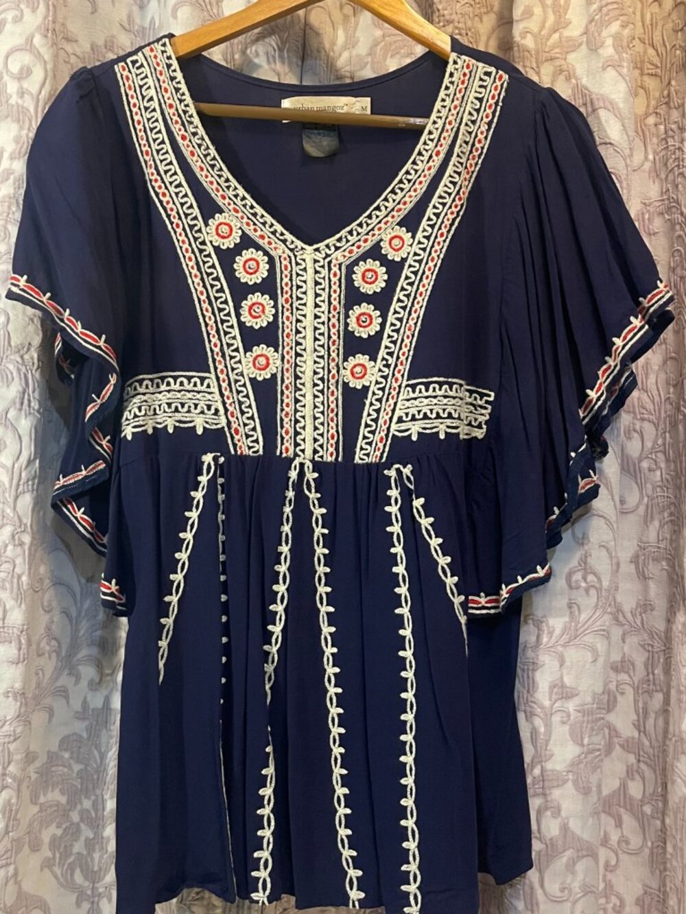 Boho Med. Urban Mangoz Navy/Red/Ivory Womens Embroidered V-Neck Empire Waist Top - Picture 4 of 13